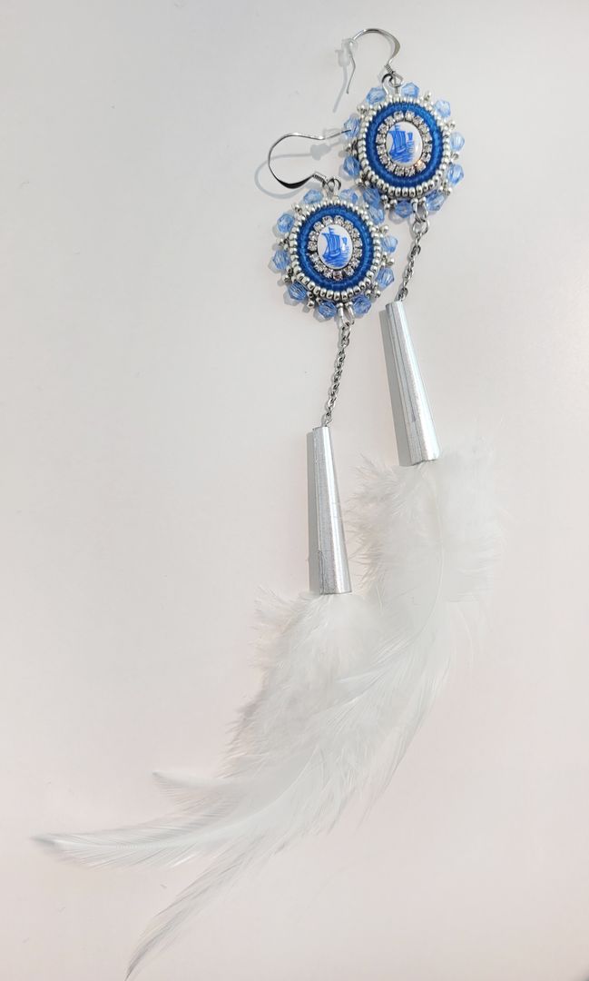 Blue Boats and Feathers Earrings