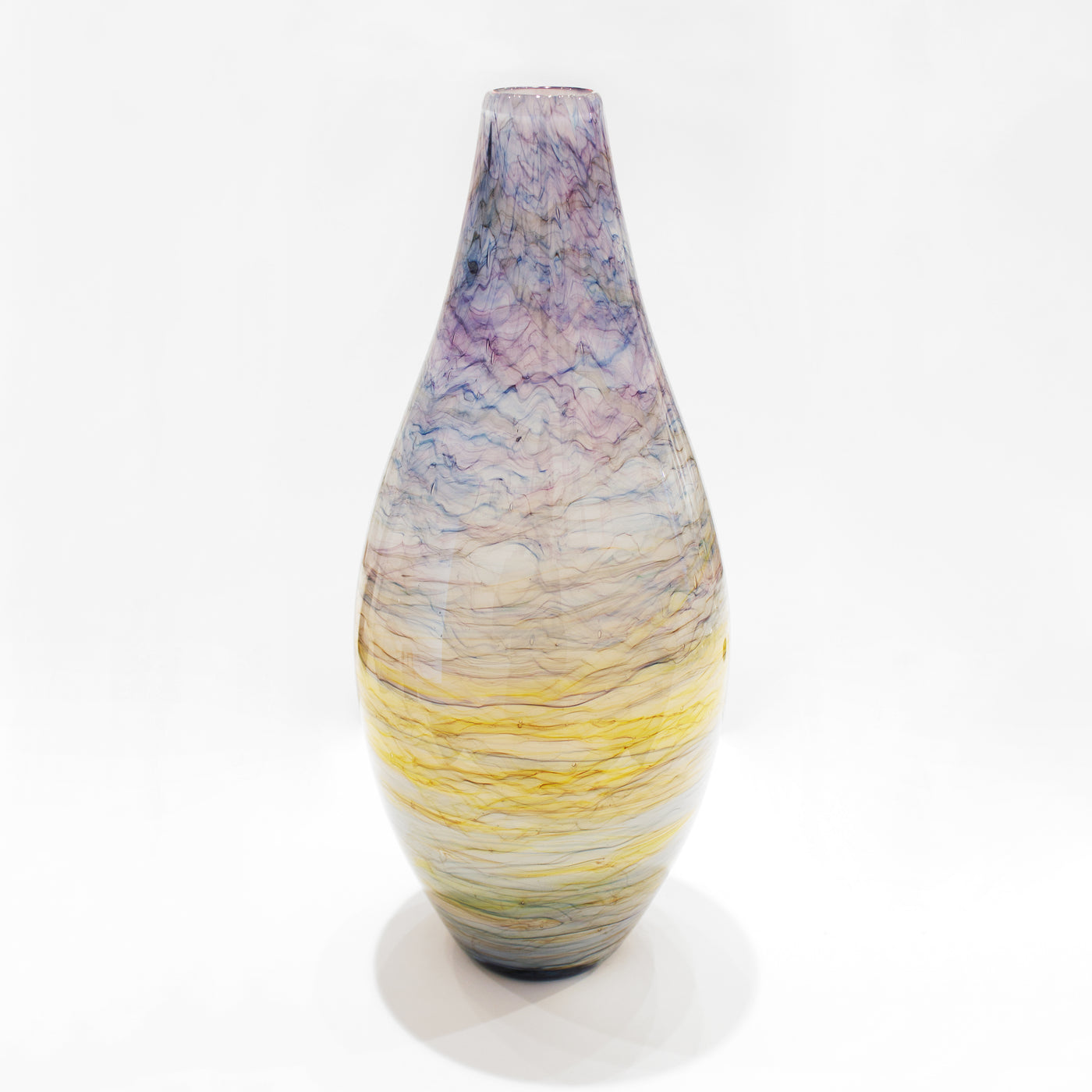 Vase en verre aux couleurs albâtre, mauve, rose et bleu.